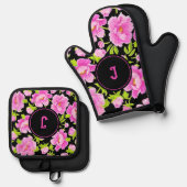 Pioenroze Bloemige Monogram Ovenwant & Pannenlap Set (Voorkant / Achterkant)