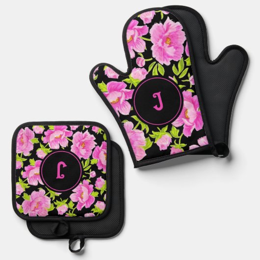 Pioenroze Bloemige Monogram Ovenwant & Pannenlap Set (Voorkant / Achterkant)