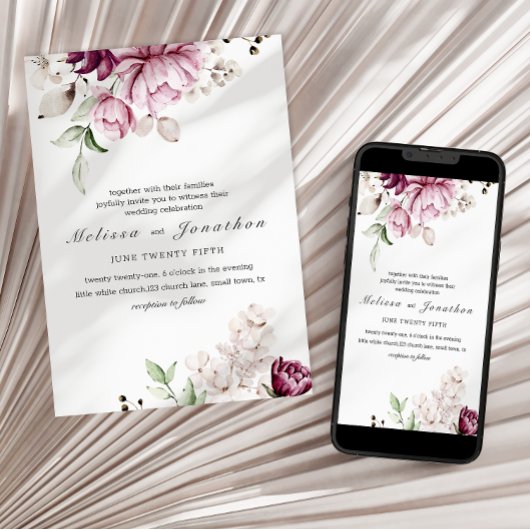 Pioenroze bordeaux bloemenbruiloft kaart