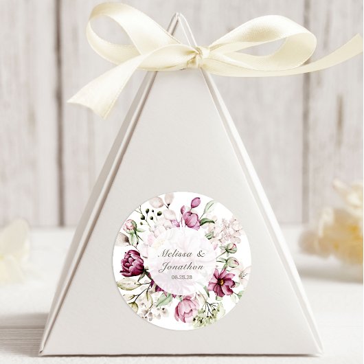 Pioenroze bordeaux bloemenbruiloft ronde sticker