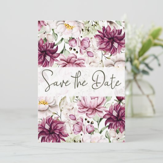 Pioenroze bordeaux bloesem Save the Date (Staand voorkant)