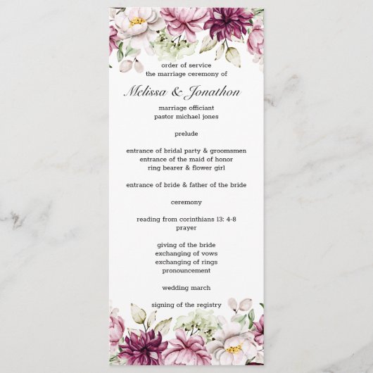 Pioenroze Bourgondië Floral bruiloft programma Programmakaart (Voorkant)