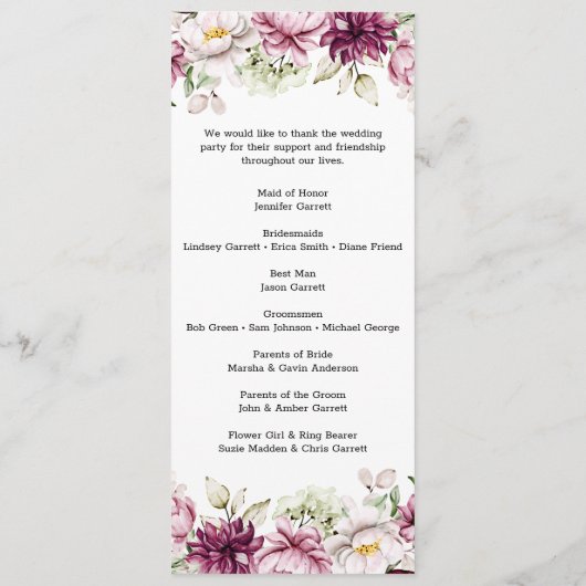 Pioenroze Bourgondië Floral bruiloft programma Programmakaart (Achterkant)