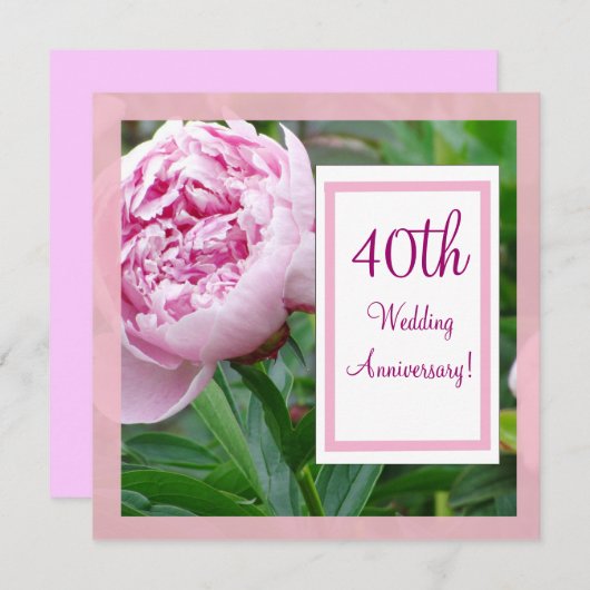 Pioenroze uitnodiging voor 40-jarig huwelijksjubil (Voorkant / Achterkant)