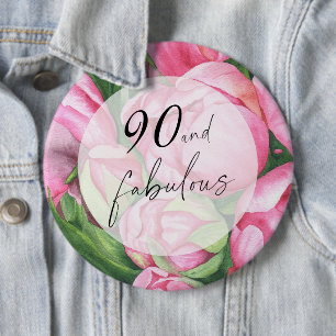 Pioenrozen bloemen 90ste verjaardagsfeestje ronde button 6,0 cm