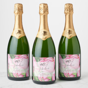 Pioenrozen bloemen 90ste verjaardagsfeestje sparkling wijnetiket
