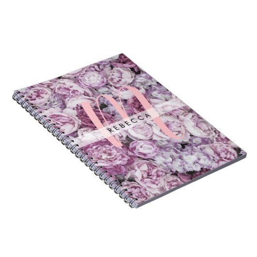 Pioenrozen Bloemrijk Roze Schrift Monogram Notitieboek (Rechterzijde)