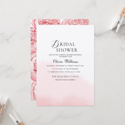 Pioenrozen bruids douche uitnodiging (Voorkant / Achterkant in situ)