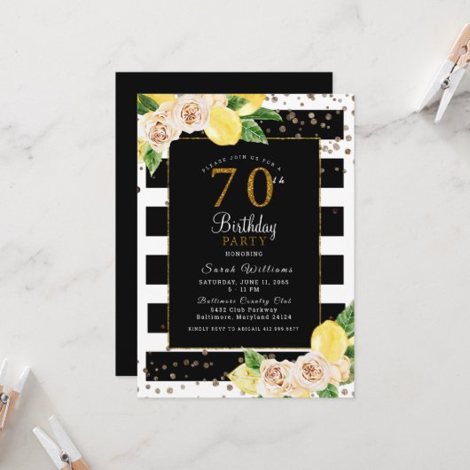 Pioenrozen Citroenen 70 Verjaardagsuitnodiging Zwa Kaart (Voorkant / Achterkant in situ)