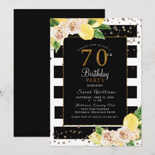 Pioenrozen Citroenen 70 Verjaardagsuitnodiging Zwa Kaart (Voorkant / Achterkant)