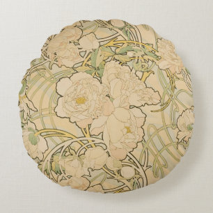 Pioenrozen door Alphonse Mucha, Vintage Art Nouvea Rond Kussen