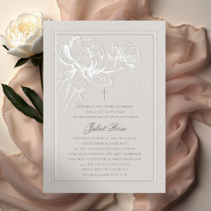 Pioenrozen Elegante Lijst Kruis Modern Ecru Doopfe Kaart