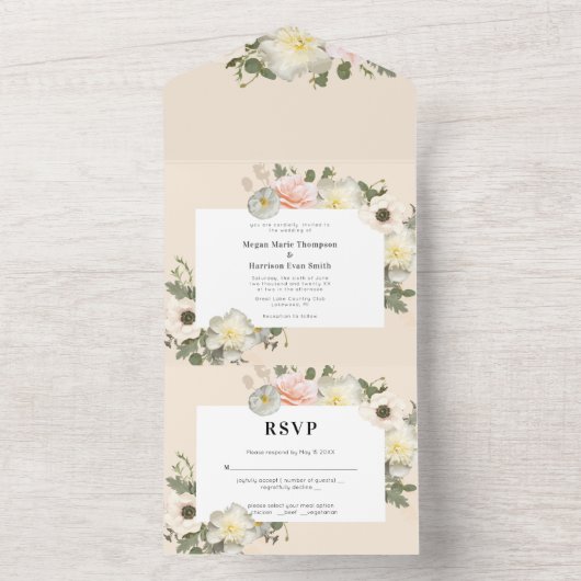 Pioenrozen en Anemonen bloeiende Trouwbloosems All In One Uitnodiging (Binnen)