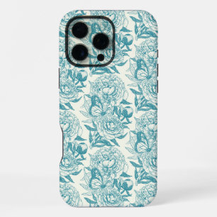Pioenrozen en vlinders blokdruk, lagune Blauw iPhone 16 Pro Max Hoesje