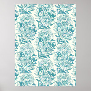Pioenrozen en vlinders blokdruk, lagune Blauw Poster