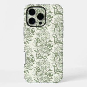 Pioenrozen en vlinders blokdruk, saliegroen an iPhone 16 pro max hoesje