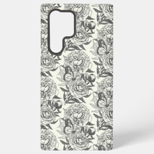 Pioenrozen en vlinders blokdruk, zwart en wit samsung galaxy hoesje