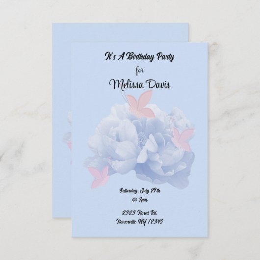 Pioenrozen en Vlinders Pastel Verjaardagsuitnodigi Kaart (Voorkant / Achterkant)