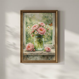 Pioenrozen in antieke glazen vaas poster