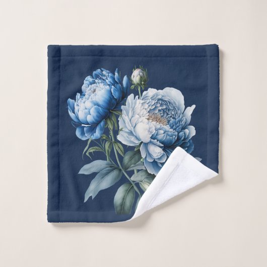  Pioenrozen in Blauw & Won Navy Wit Handdoek Set (Wasdoekje)