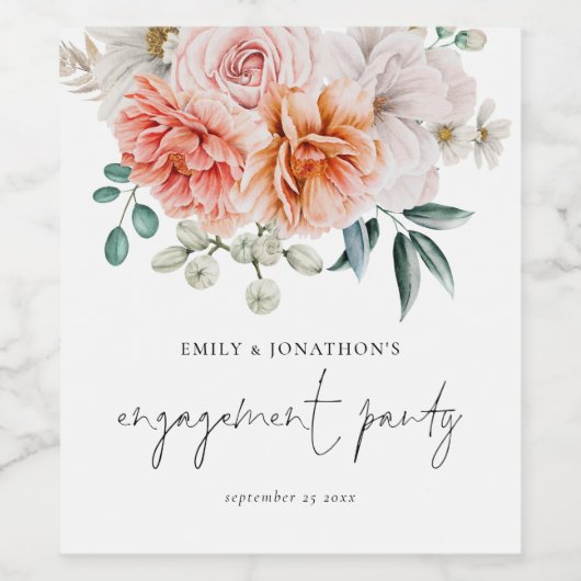 Pioenrozen Koraal Perzik Bloemen Bruiloft Feest Wijn Etiket (Enkel label)