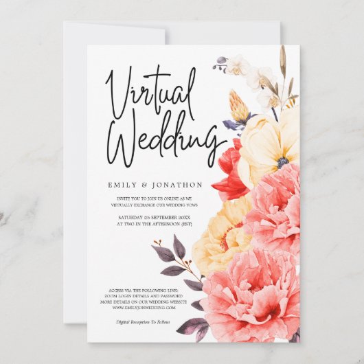 Pioenrozen Magnolia Waterverf Floral Virtual Weddi Kaart (Voorkant)
