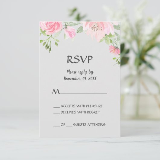 Pioenrozen op grijze RSVP-kaart RSVP Kaartje (Staand voorkant)
