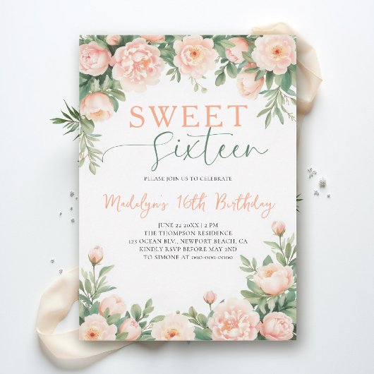 Pioenrozen Perzik Roze Bloemig Elegant Script Swee Kaart