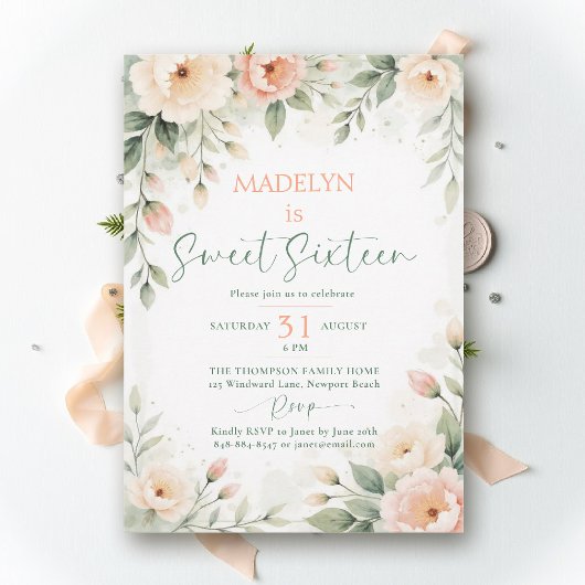 Pioenrozen Perzik Roze Elegant Script Bloemig Swee Kaart