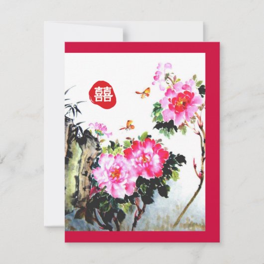 Pioenrozen & Vlinders/Dubbel Geluk Huwelijk Kaart (Voorkant)