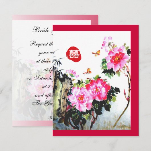 Pioenrozen & Vlinders/Dubbel Geluk Huwelijk Kaart (Voorkant / Achterkant)