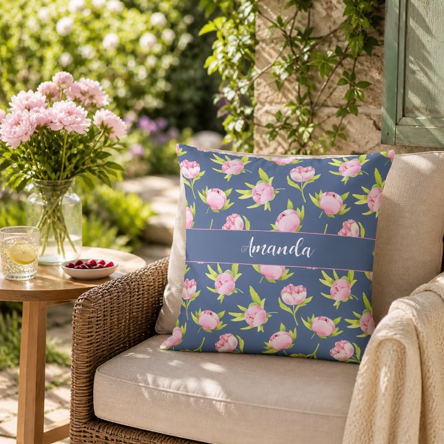 Pioenrozenpatroon met kussen met eigen naam (Outdoor Pillow)