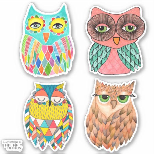 Pip Hoor Uilen Illustratie Art Vinyl Sticker (Voorkant)
