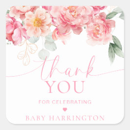 Piper Peony Bloemen Baby shower Dank je wel Favor Vierkante Sticker