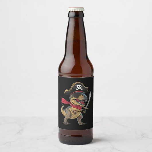 Piraat Dinosaurus T-Rex Grappig Halloween Kostuum Bier Etiket (Voorkant)