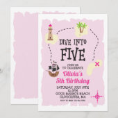 Piraat Duik in Vijf Roze 5e Verjaardag Uitnodiging (Voorkant / Achterkant)