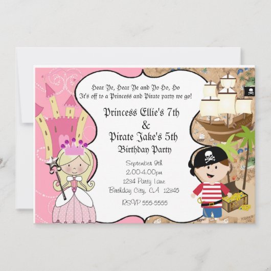 Piraat en Prinses Verjaardagsfeest Uitnodiging (Voorkant)