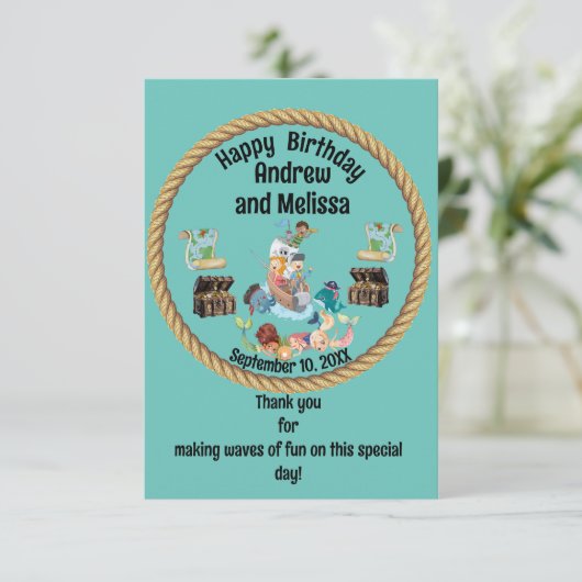Piraat en Zeemeermin Verjaardag voor Kinderen Bedankkaart (Staand voorkant)