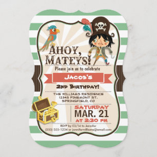 Piraat; Groene, Oranje en bruine Birthday Party Kaart