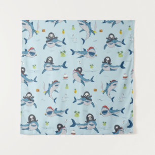 Piraat Haai Doodle Illustratie Wandkleed