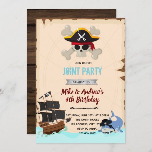 Piraat haai verjaardagsfeest uitnodiging (Voorkant / Achterkant)