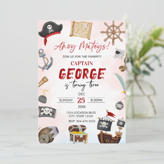Piraat Jonge verjaardagsuitnodiging Ahoy matrozen Kaart (Staand voorkant)