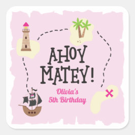 Piraat Kaart Roze Verjaardag Vierkante Sticker
