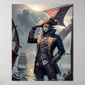 Piraat kapitein kat op een zinkende galjoen - poster