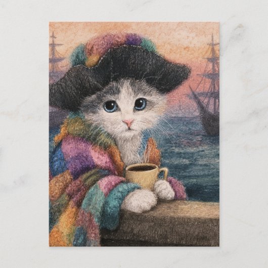 Piraat Kat Met een Koffie Briefkaart (Voorkant)