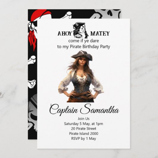 Piraat Meisje verjaardagsfeest uitnodiging (Voorkant / Achterkant)