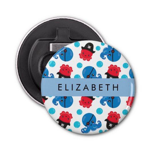 Piraat Octopus, Octopus Patroon, Zee, Jouw naam Button Flesopener (Voorkant)
