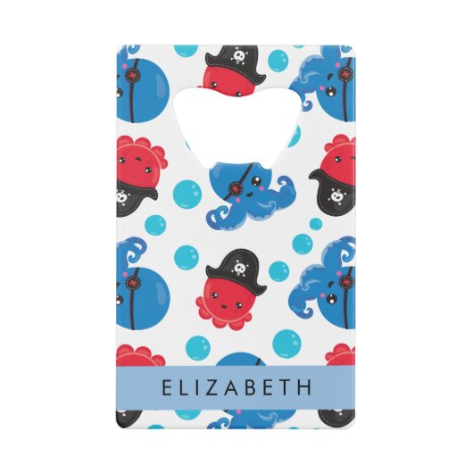 Piraat Octopus, Octopus Patroon, Zee, Jouw naam Creditkaart Flessenopener (Voorkant)