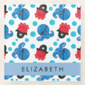 Piraat Octopus, Octopus Patroon, Zee, Jouw naam Glazen Onderzetter (Voorkant)