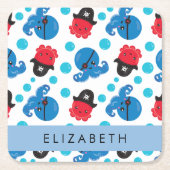 Piraat Octopus, Octopus Patroon, Zee, Jouw naam Kartonnen Onderzetters (Voorkant)